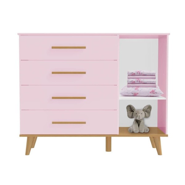 Encontraproduto.com.br - Cômoda Infantil 4 Gavetas Rosa Fosco Com Bétula