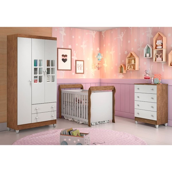 Encontraproduto.com.br - Quarto Infantil Completo Guarda Roupa 3 Portas Ariane Cômoda 4 Gavetas Mel Berço 3 em 1 Lara Br Fosco Amadeirado Carolina Baby