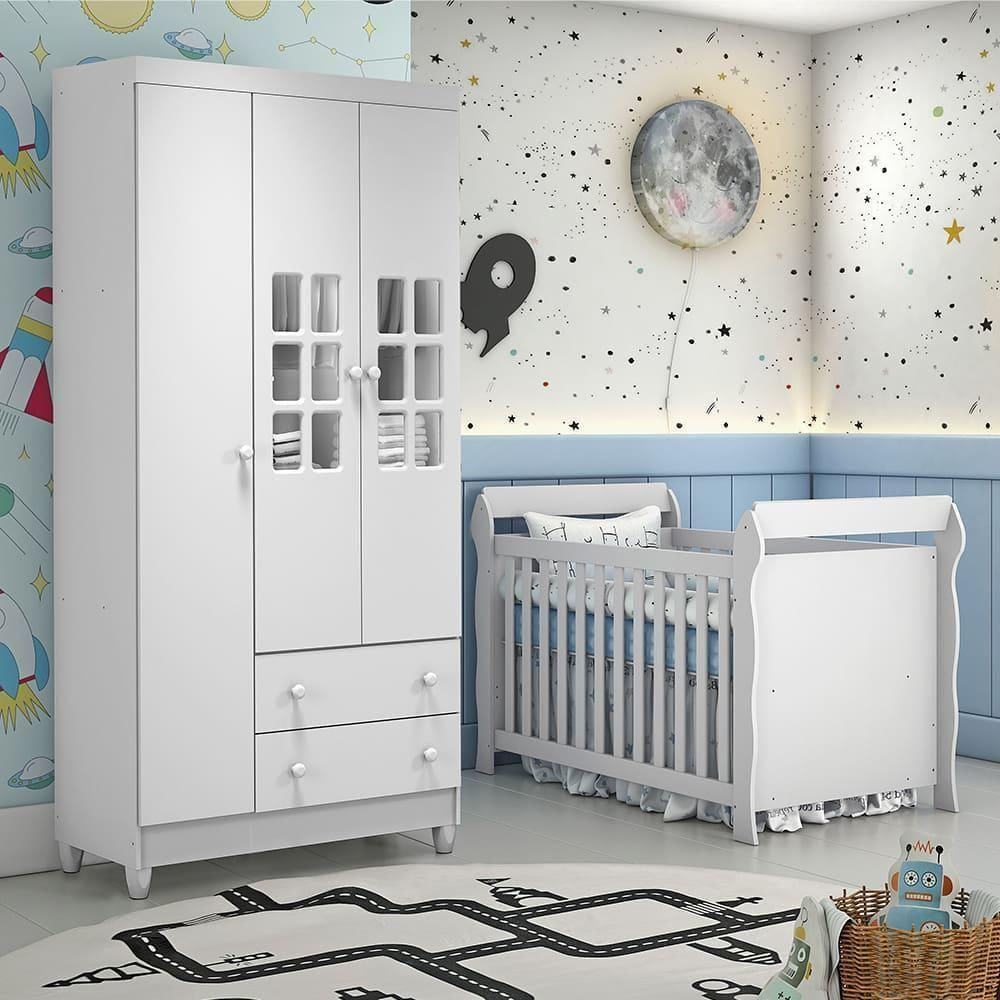 Quarto de Bebê Guarda Roupa 3 Portas com Gavetas Ariane Berço 3 em 1 Lara madeirado Carolina Baby
