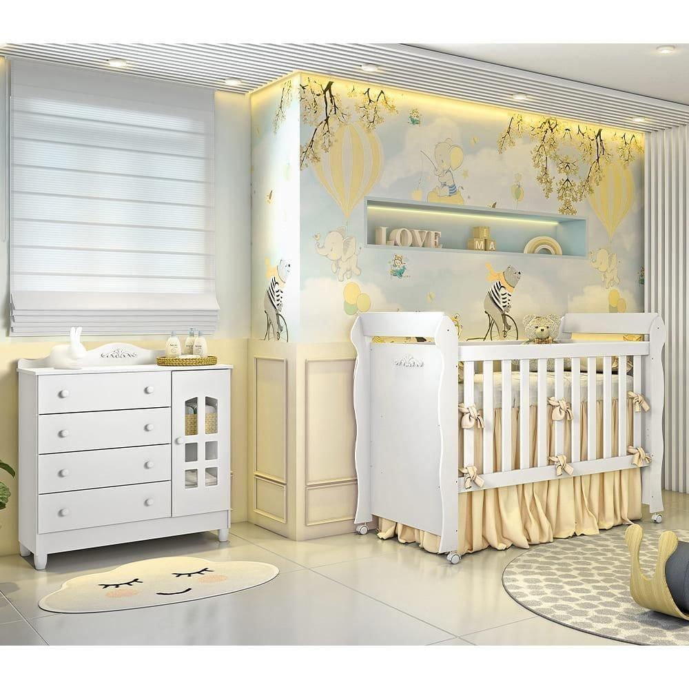 Quarto de Bebê Provençal Cômoda 4 Gavetas com Porta Berço Mini Cama Lisa Branco Carolina Baby