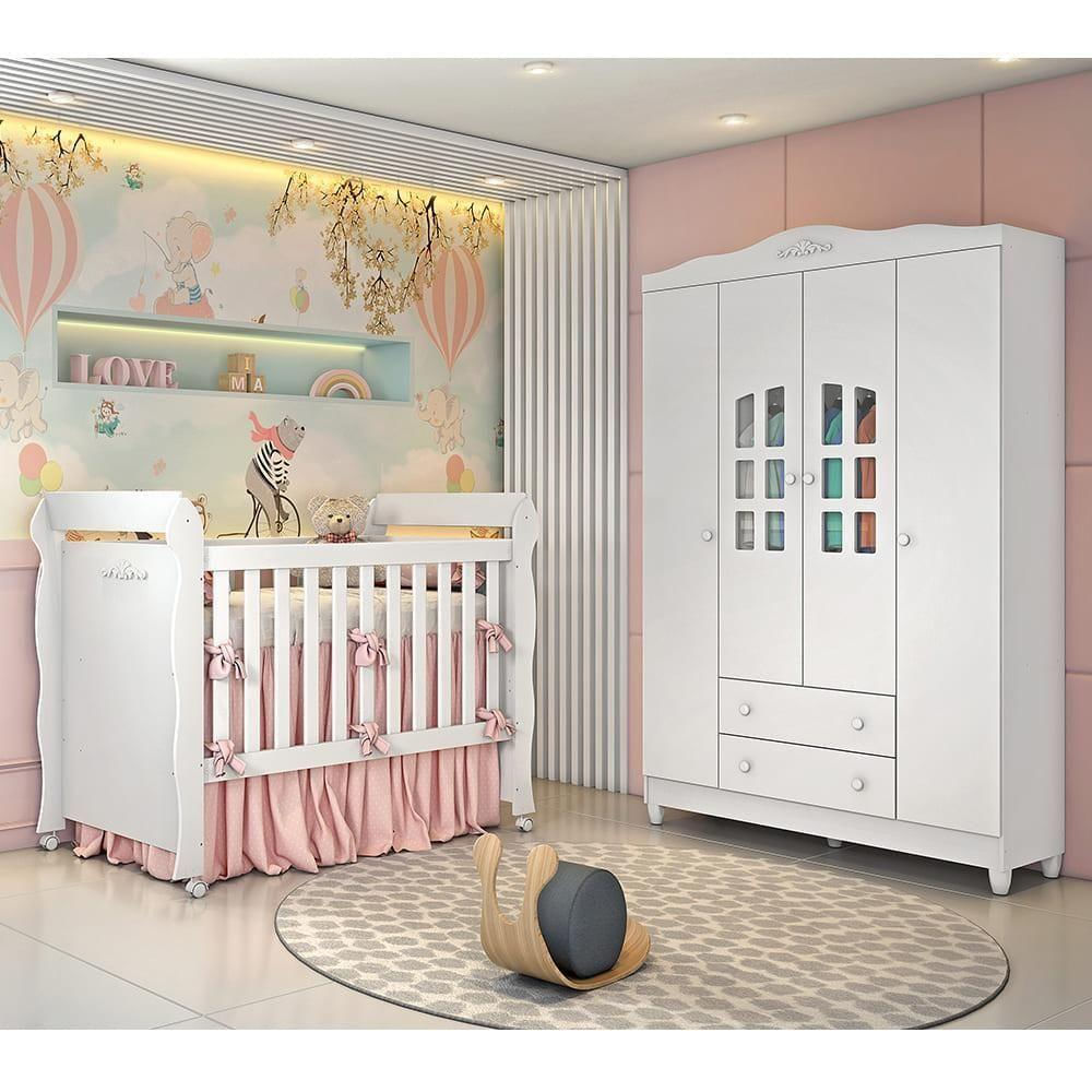 Quarto de Bebê Provençal Guarda Roupa 4 Portas com Gavetas Berço 3 em 1 Lisa Branco Carolina Baby