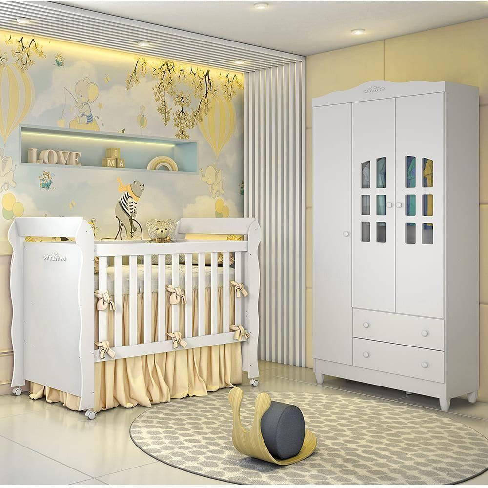 Quarto de Bebê Provençal Guarda Roupa 3 Portas com Gavetas Berço 3 em 1 Lisa Branco Carolina Baby