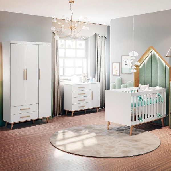 Quarto Infantil Completo Retrô Guarda Roupa 3 Portas Ludmila Cômoda 4 Gavetas com Porta Berço 3 em 1 Ludmila Br Fosco Carolina Baby