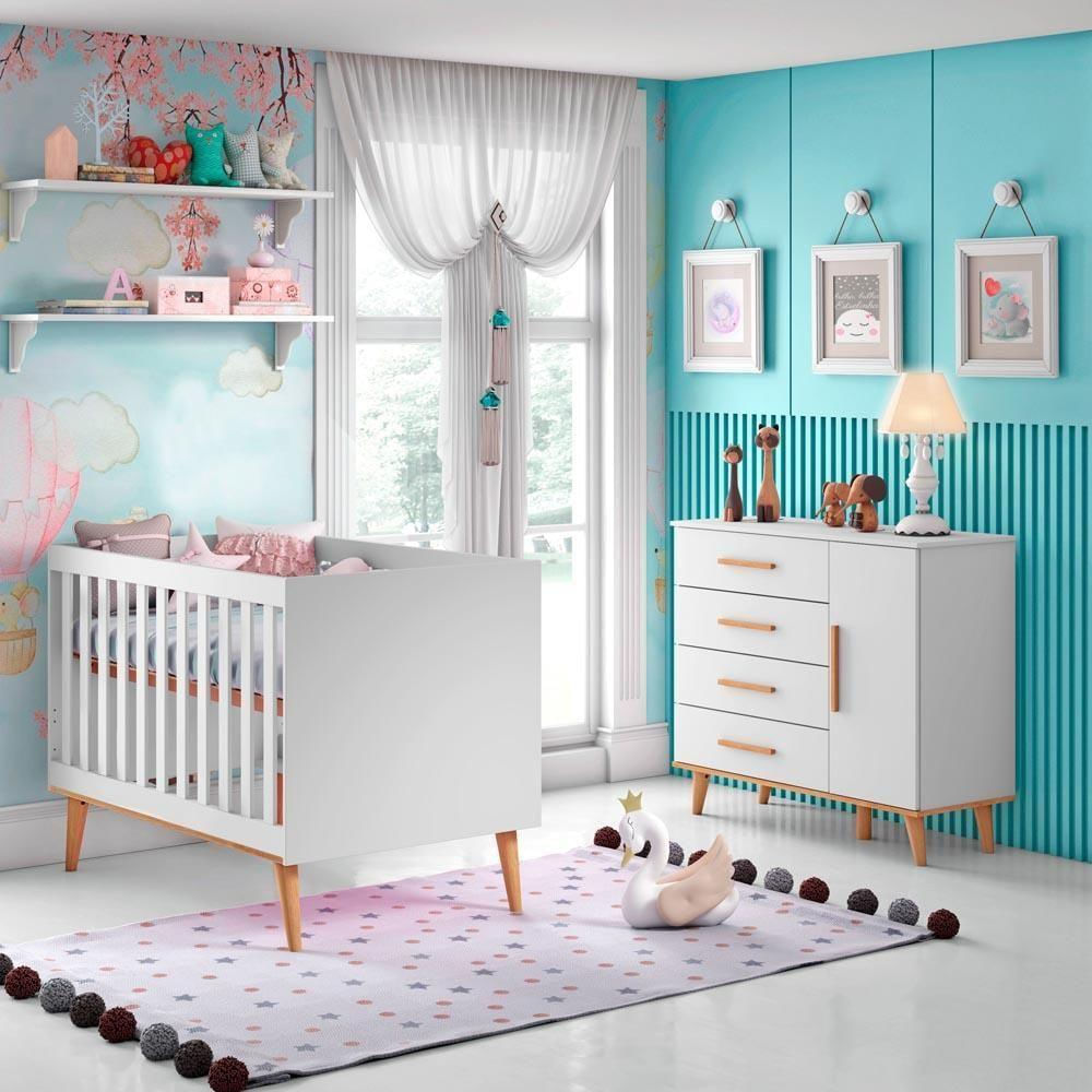 Quarto de Bebê Retrô Cômoda 4 Gavetas com Porta Berço 3 em 1 Ludmila Branco Fosco com Bétula Carolina Baby