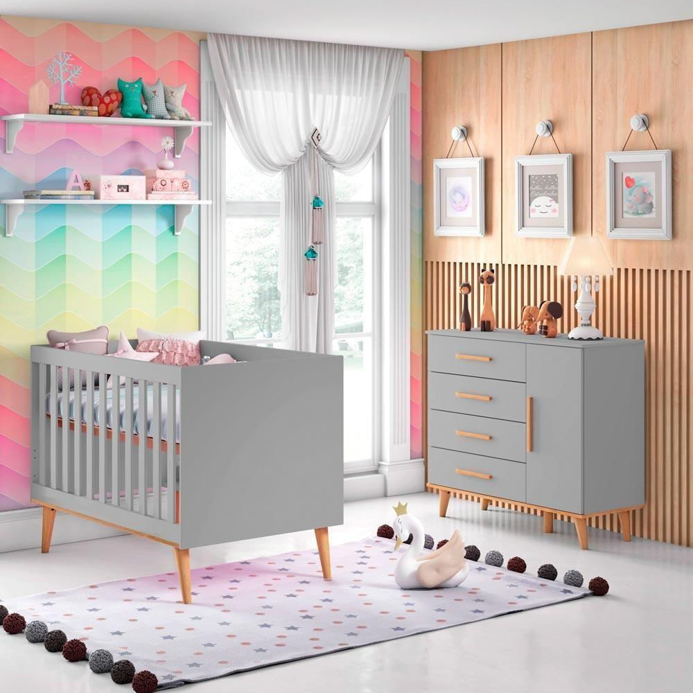 Quarto de Bebê Retrô Cômoda 4 Gavetas com Porta Berço 3 em 1 Ludmila Cinza Fosco com Bétula Carolina Baby