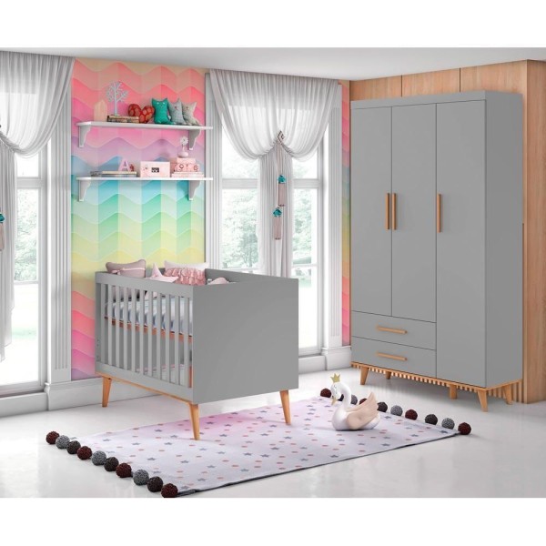 Quarto de Bebê Retrô Guarda Roupa 3 Portas com Gavetas Berço 3 em 1 Ludmila Cinza Fosco com Bétula Carolina Baby