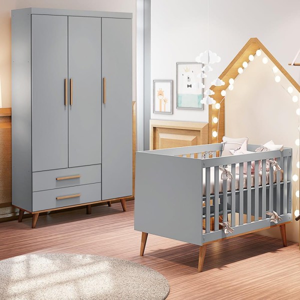 Encontraproduto.com.br - Quarto de Bebê Retrô Guarda Roupa 3 Portas com Gavetas Berço 3 em 1 Ludmila Cinza Fosco com Bétula Carolina Baby