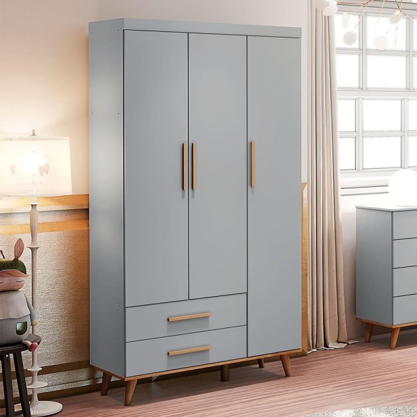 Encontraproduto.com.br - Quarto de Bebê Retrô Guarda Roupa 3 Portas com Gavetas Berço 3 em 1 Ludmila Cinza Fosco com Bétula Carolina Baby