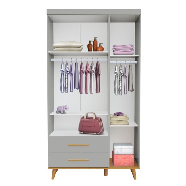 Encontraproduto.com.br - Quarto de Bebê Retrô Guarda Roupa 3 Portas com Gavetas Berço 3 em 1 Ludmila Cinza Fosco com Bétula Carolina Baby