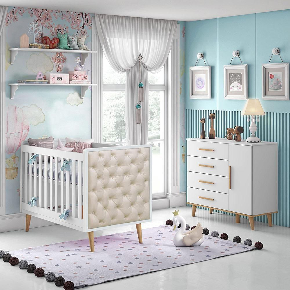 Quarto de Bebê Retrô Ludmila com Berço Mini Cama com Capitonê Lorena
