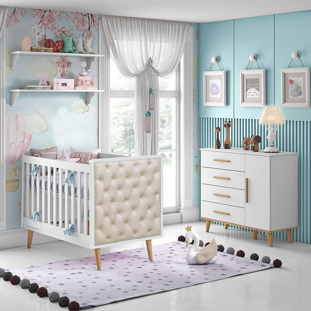 Encontraproduto.com.br - Quarto de Bebê Retrô Ludmila com Berço Mini Cama com Capitonê Lorena