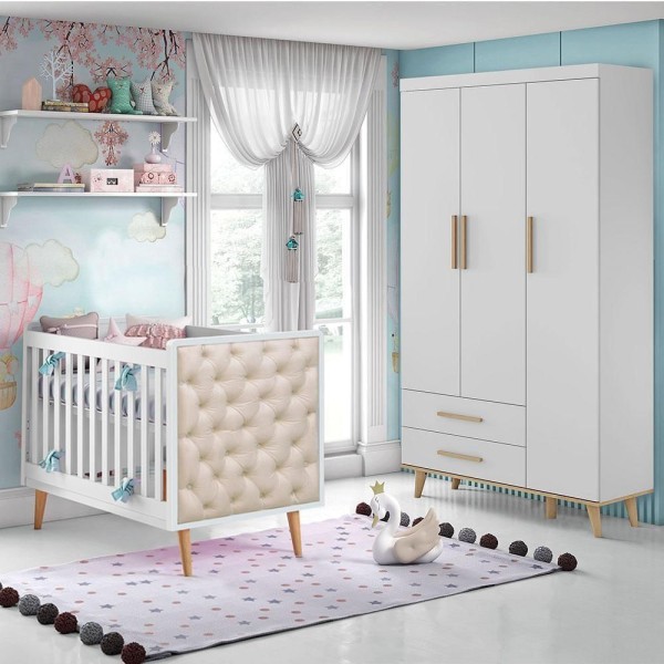 Encontraproduto.com.br - Quarto de Bebê Retrô Guarda Roupa 3 Portas Ludmila Berço Mini Cama Capitone Lorena Br Fosco Carolina Baby