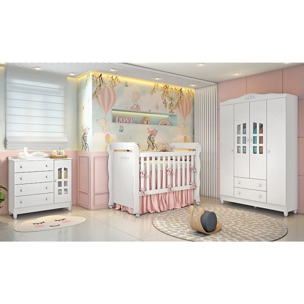 Encontraproduto.com.br - Quarto de Bebê Provençal Guarda Roupa 4 Portas com Gavetas Cômoda 4 Gavetas com Porta Berço Mini Cama Lisa Branco Carolina Baby