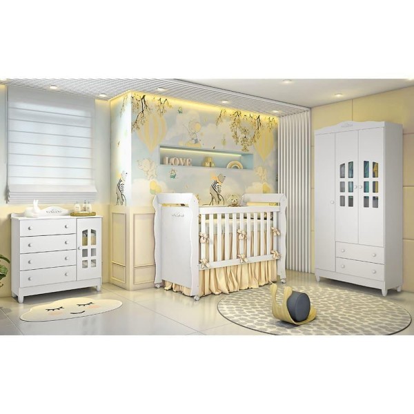 Encontraproduto.com.br - Quarto Infantil Provençal Guarda Roupa 3 Portas Cômoda com Porta Berço Mini Cama Provençal Lisa Br Brilho Carolina Baby