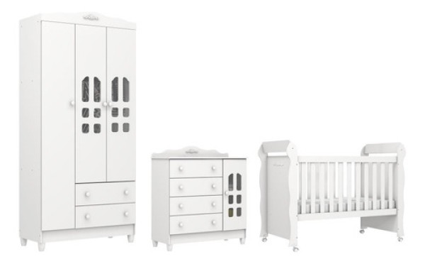 Encontraproduto.com.br - Quarto Infantil Provençal Guarda Roupa 3 Portas Cômoda com Porta Berço Mini Cama Provençal Lisa Br Brilho Carolina Baby