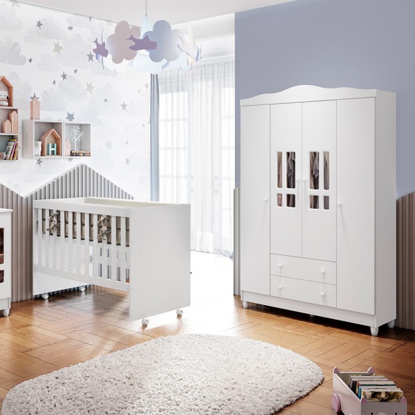 Encontraproduto.com.br - Quarto de Bebê Guarda Roupa 4 Portas Ariel com Gavetas Berço Americano Gabi Branco Carolina Baby