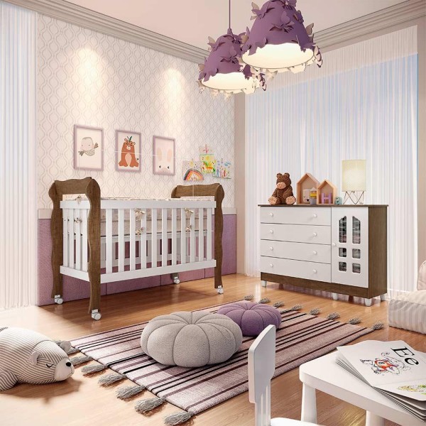 Encontraproduto.com.br - Quarto de Bebê Cômoda 4 Gavetas com Porta Gran Selena Berço 3 em 1 Americano Lila Br Fosco Amadeirado Carolina Baby