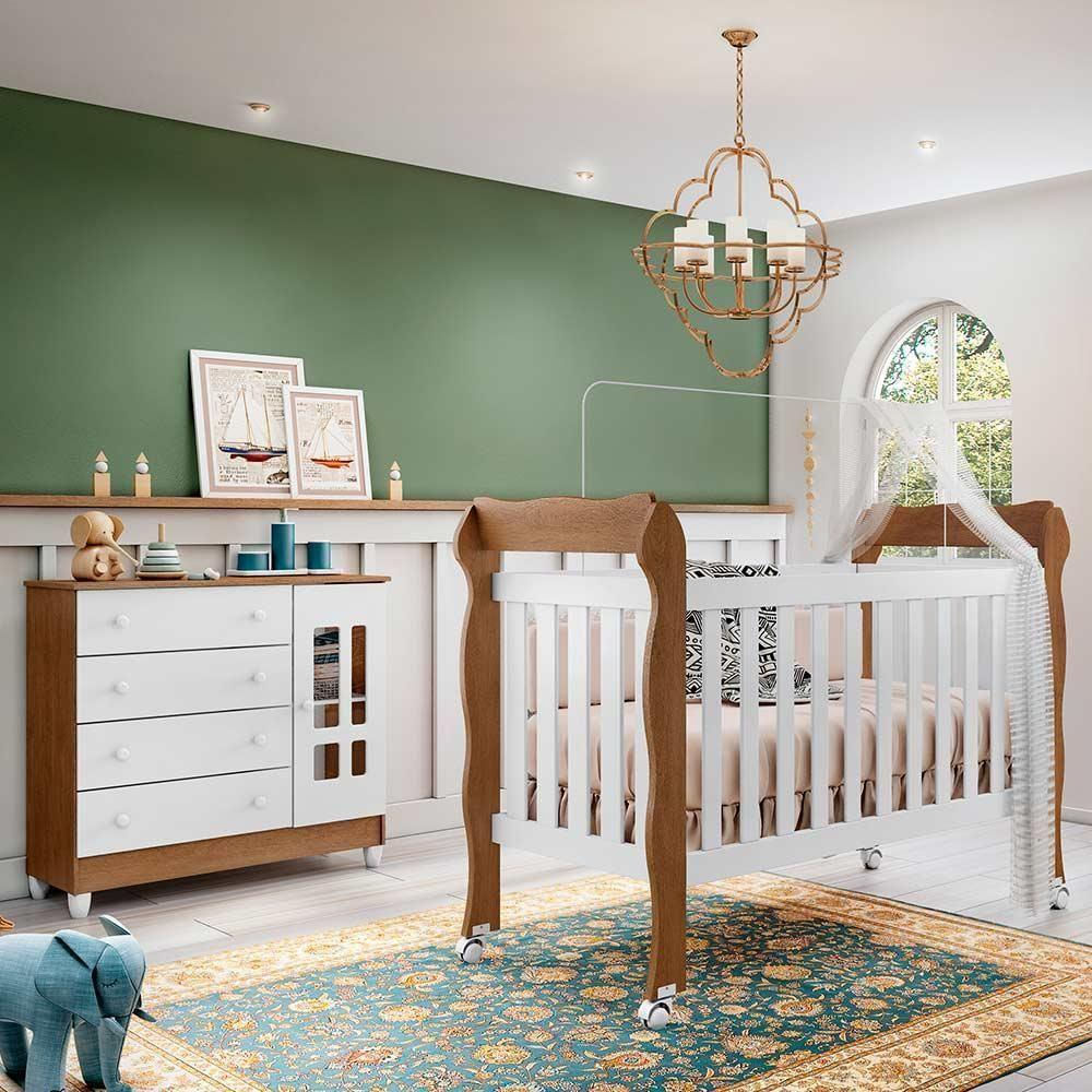 Quarto de Bebê Cômoda 4 Gavetas com Porta Ariel Berço 3 em 1 Lila Amadeirado Carolina Baby