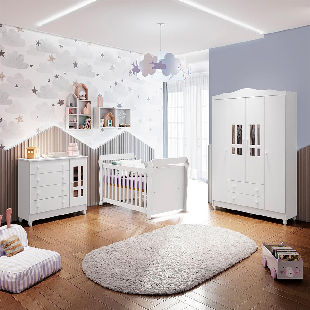 Encontraproduto.com.br - Quarto Infantil Completo Guarda Roupa 4 Portas Cômoda 4 Gavetas com Porta Ariel Berço 3 em 1 Lara Br Brilho Carolina Baby