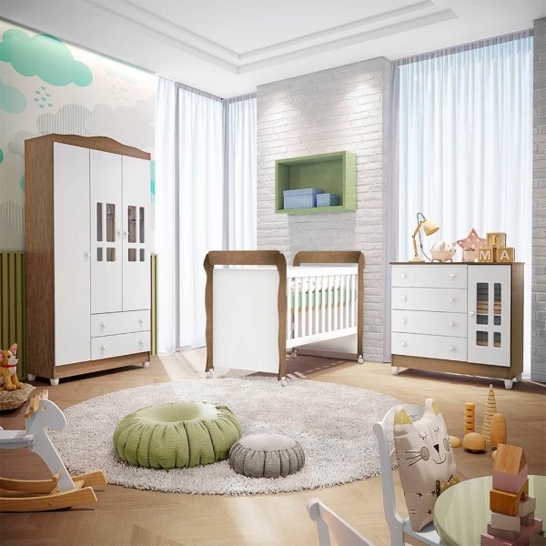 Encontraproduto.com.br - Quarto Infantil Completo Guarda Roupa 3 Portas Cômoda 4 Gavetas com Porta Ariel Berço Mini Cama Mirelle Br Fosco Amadeirado Carolina Baby