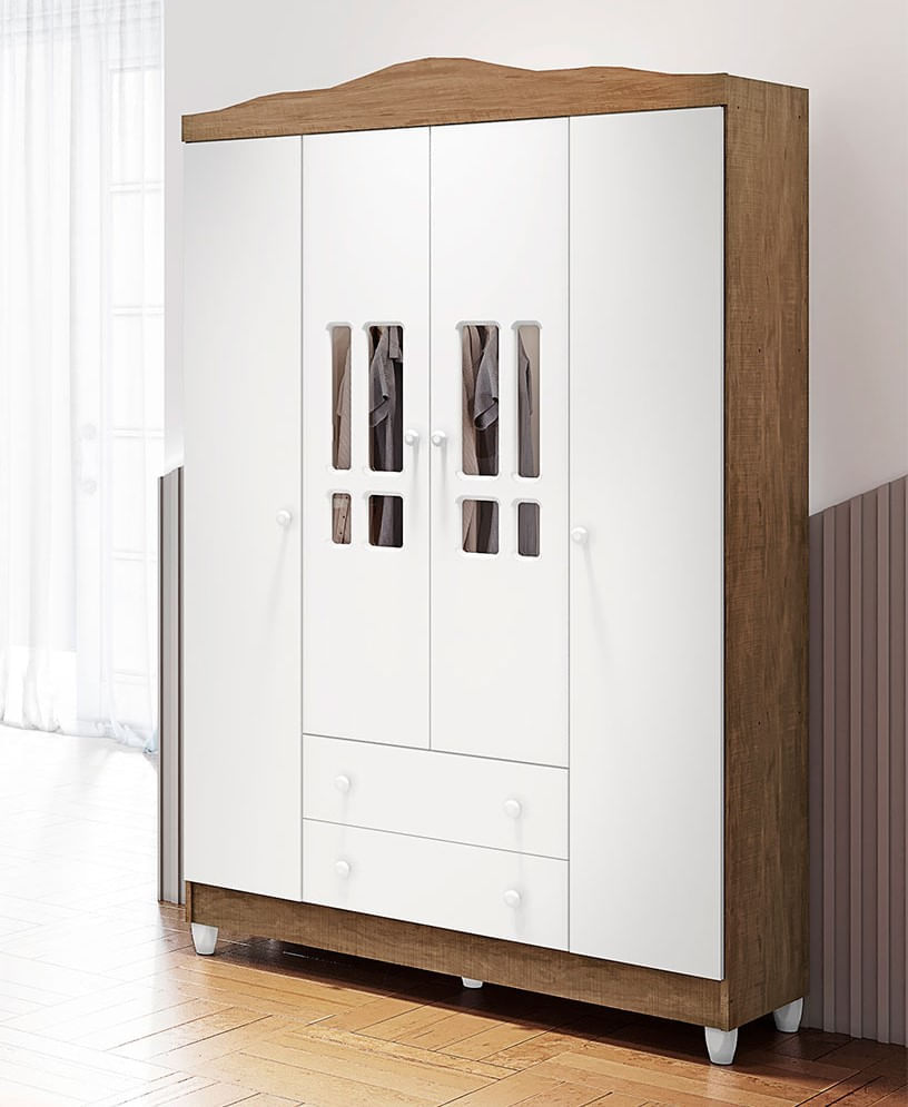 Encontraproduto.com.br - Quarto Infantil Completo Guarda Roupa 4 Portas Cômoda 4 Gavetas com Porta Ariel Berço Mini Cama Mirelle Br Fosco Amadeirado Carolina Baby