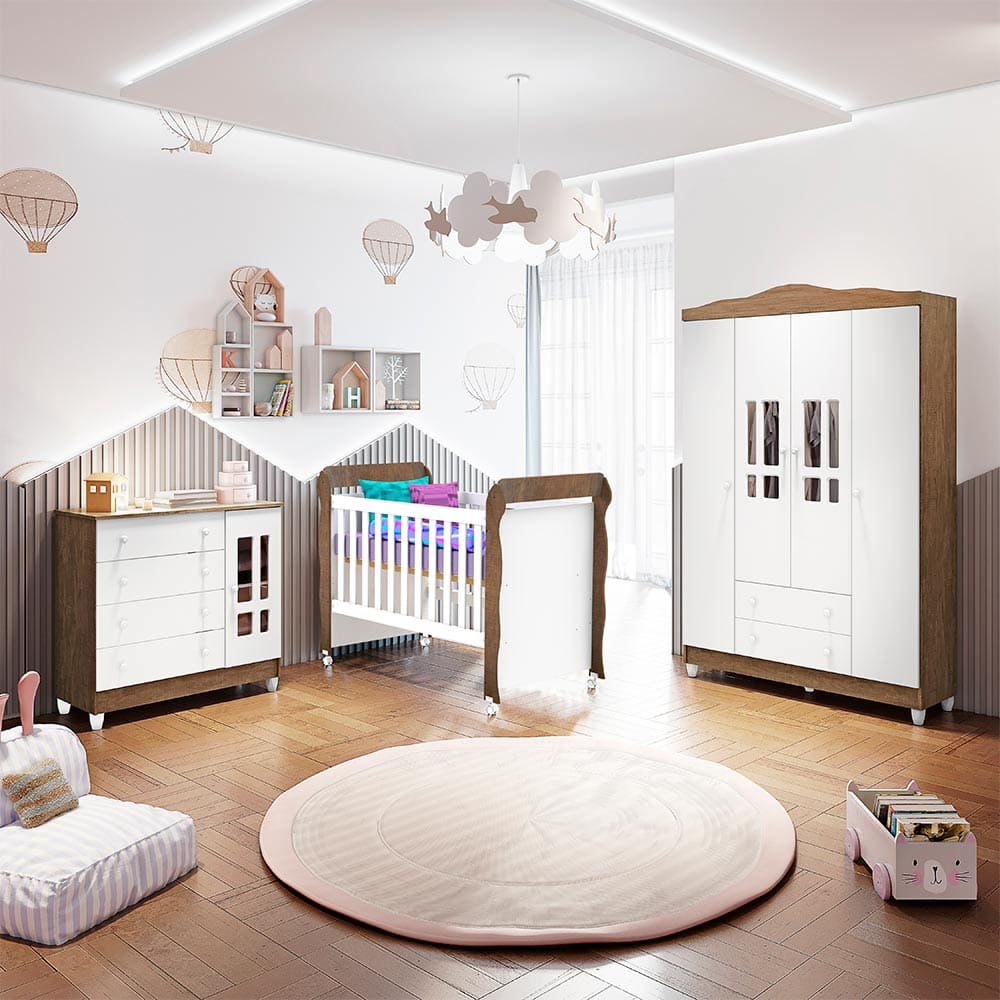Encontraproduto.com.br - Quarto Infantil Completo Guarda Roupa 4 Portas Cômoda 4 Gavetas com Porta Ariel Berço Mini Cama Mirelle Br Fosco Amadeirado Carolina Baby
