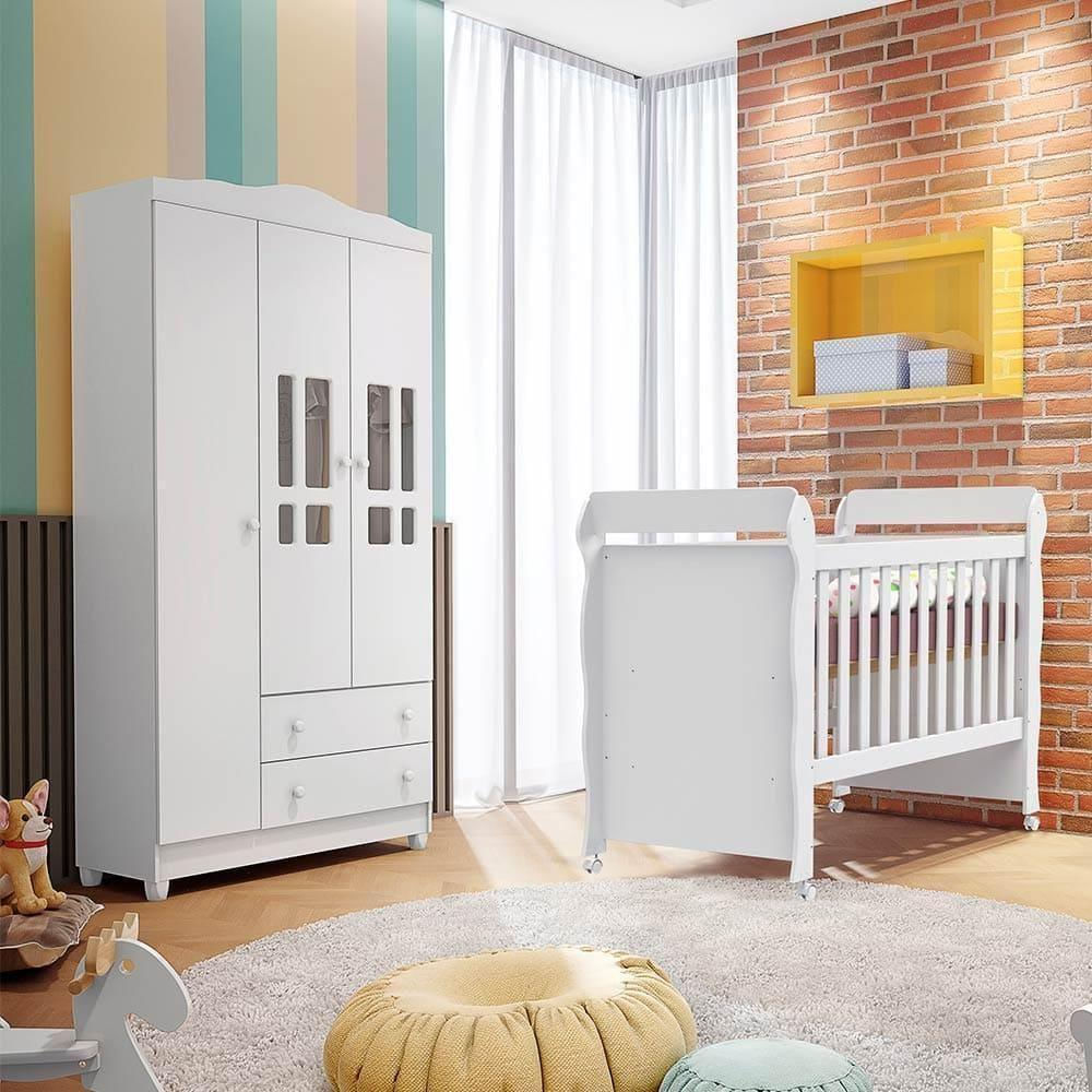 Quarto de Bebê Guarda Roupa 3 Portas com Gavetas Ariel Berço Americano Mirelle Branco Carolina Baby