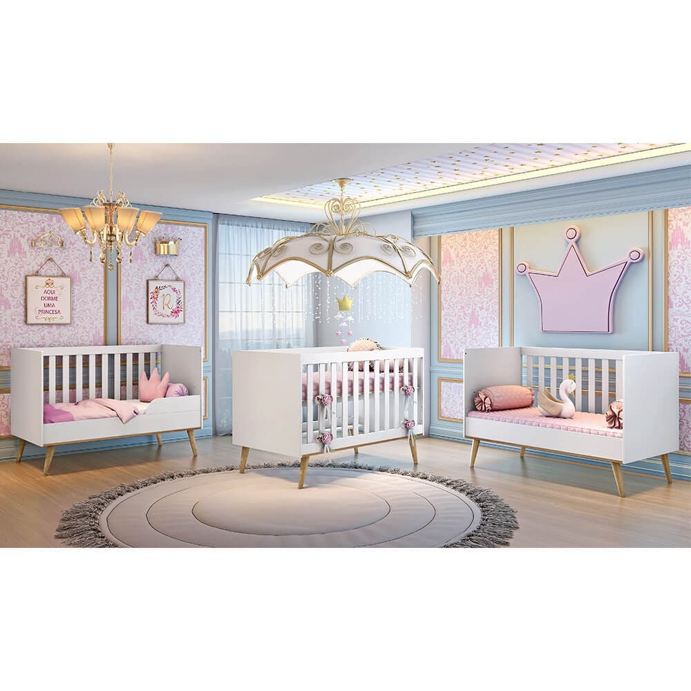 Encontraproduto.com.br - Quarto Infantil Completo Retrô Guarda Roupa 3 Portas Ludmila Cômoda 4 Gavetas Lorena Berço 3 em 1 Ludmila Branco Fosco Carolina Baby