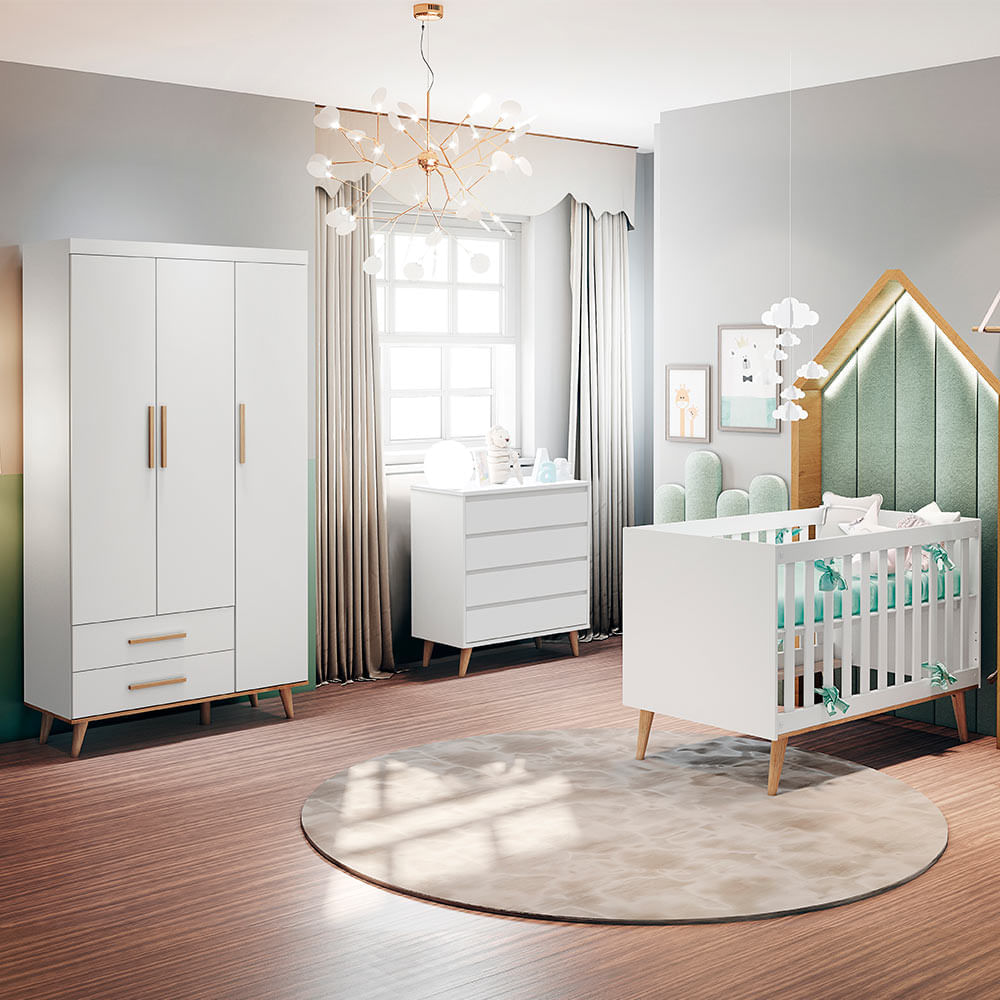 Encontraproduto.com.br - Quarto Infantil Completo Retrô Guarda Roupa 3 Portas Ludmila Cômoda 4 Gavetas Lorena Berço 3 em 1 Ludmila Branco Fosco Carolina Baby