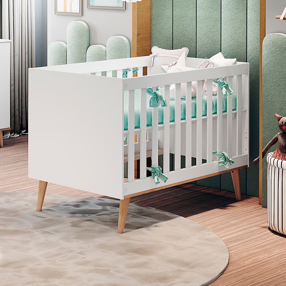 Encontraproduto.com.br - Quarto Infantil Completo Retrô Guarda Roupa 3 Portas Ludmila Cômoda 4 Gavetas Lorena Berço 3 em 1 Ludmila Branco Fosco Carolina Baby