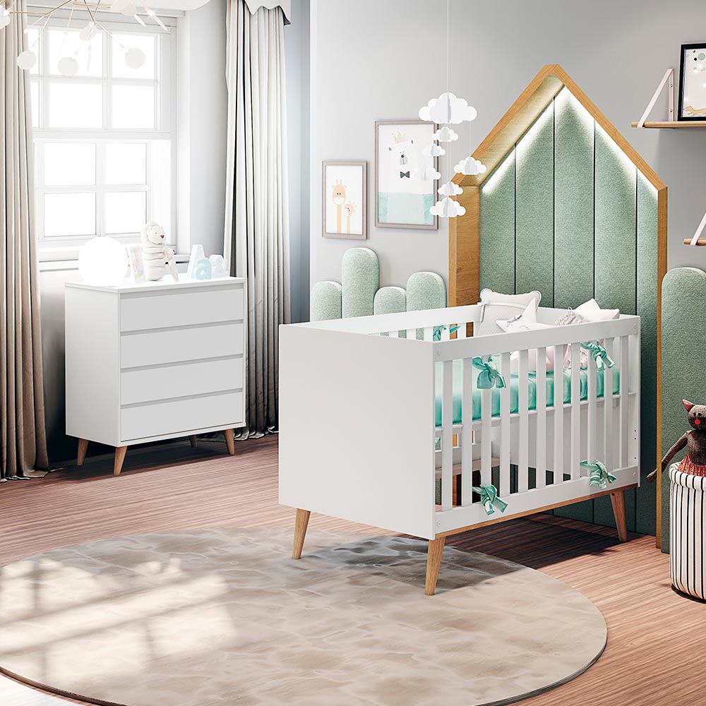 Encontraproduto.com.br - Quarto de Bebê Retrô Cômoda 4 Gavetas Lorena Berço 3 em 1 Ludmila Branco Fosco com Bétula Carolina Baby