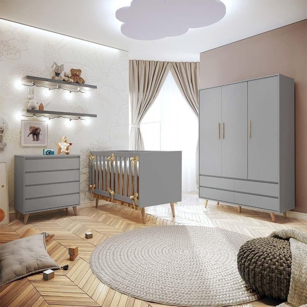 Encontraproduto.com.br - Quarto De Bebê Guarda Roupa Berço Cinza