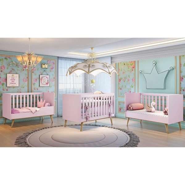 Encontraproduto.com.br - Quarto de Bebê Retrô Guarda Roupa 3 Portas Lorena Cômoda 4 Gavetas Berço 3 em 1 Ludmila Rosa Carolina Baby