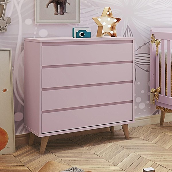 Encontraproduto.com.br - Quarto de Bebê Retrô Guarda Roupa 3 Portas Lorena Cômoda 4 Gavetas Berço 3 em 1 Ludmila Rosa Carolina Baby