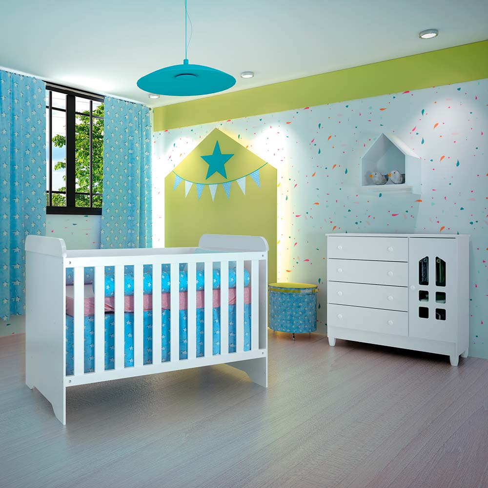 Quarto de Bebê Cômoda 4 Gavetas com Porta Selena Berço 3 em 1 Gabrielle Branco Carolina Baby