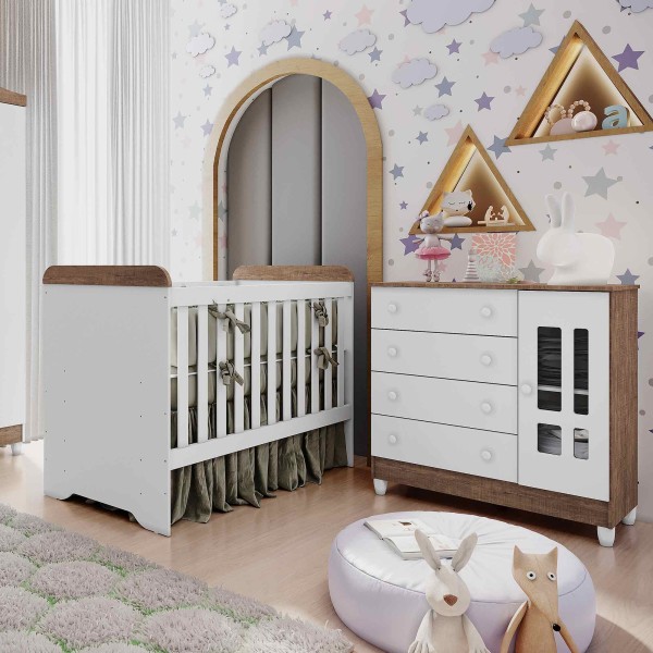 Encontraproduto.com.br - Quarto de Bebê Cômoda 4 Gavetas com Porta Ariel Berço 3 em 1 Gabrielle Br Amadeirado Carolina Baby