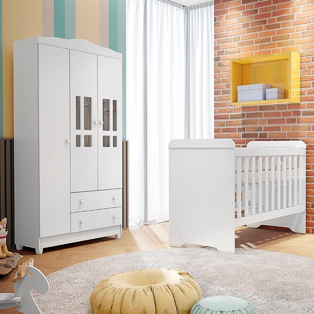 Quarto de Bebê Guarda Roupa 3 Portas com Gavetas Ariel Berço 3 em 1 Gabrielle Branco Carolina Baby