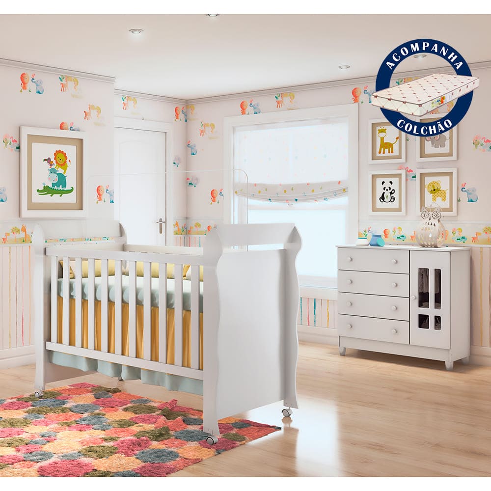 Encontraproduto.com.br - Quarto de Bebê Cômoda 4 Gavetas com Porta Ariel Berço Americano com Colchão Mirelle Branco Carolina Baby