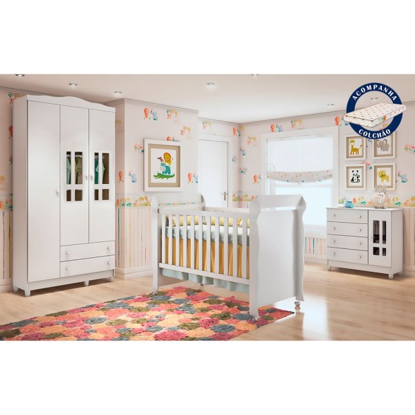 Encontraproduto.com.br - Quarto Infantil Completo Guarda Roupa 3 Portas Cômoda 4 Gavetas com Porta Ariel Berço Mini Cama com Colchão Mirelle Br Brilho Carolina Baby