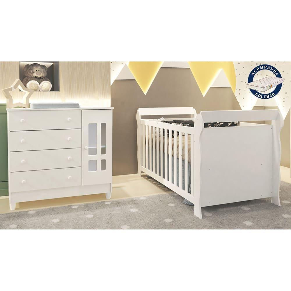 Quarto de Bebê Cômoda 4 Gavetas com Porta Ariel Berço 3 em 1 com Colchão Lara Branco Carolina Baby