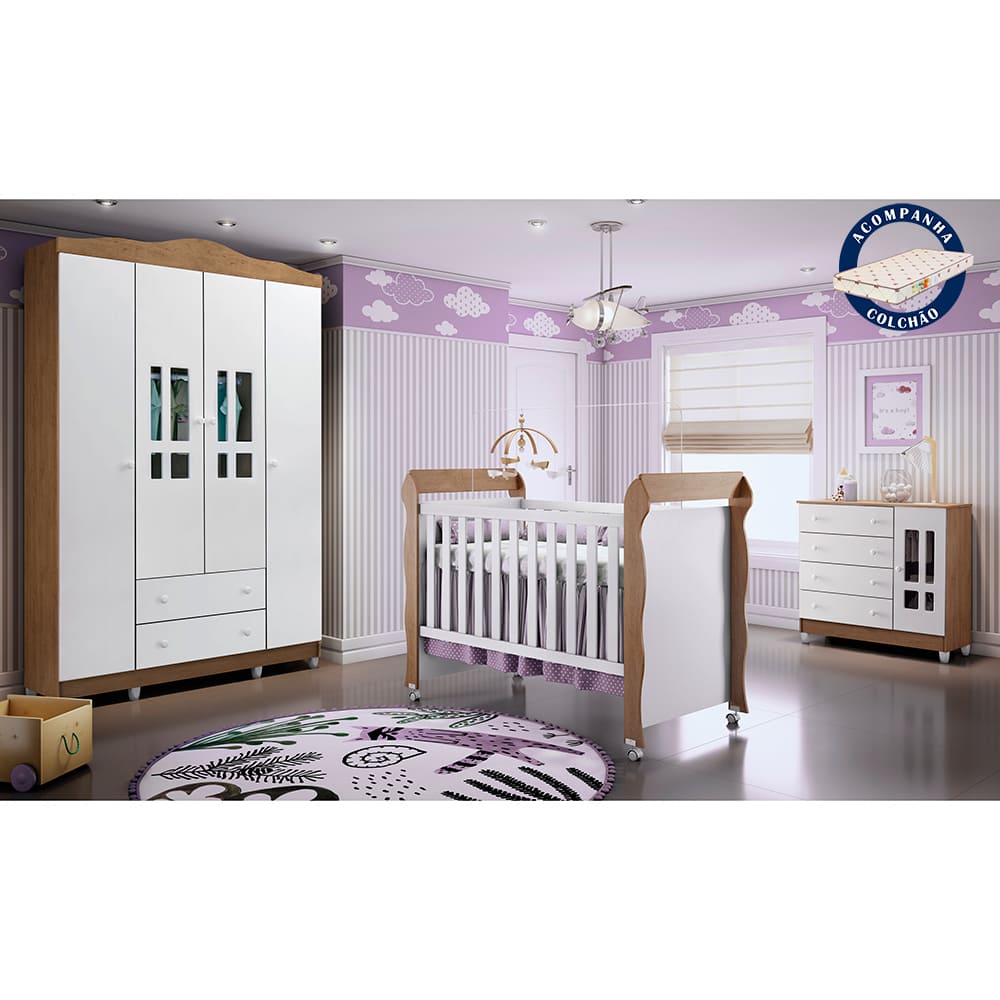 Quarto de Bebê Guarda Roupa 4 Portas com Gavetas Cômoda 4 Gavetas com Porta Ariel Berço Americano com Colchão Mirelle Amadeirado Carolina Baby