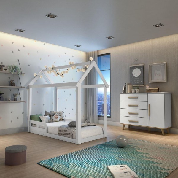 Encontraproduto.com.br - Quarto De Bebê Montessoriano Cama Casinha Branco