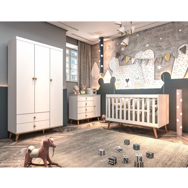 Quarto Infantil Retrô Guarda Roupa 3 Portas Lígia Cômoda 4 Gavetas com Fraldário Berço 3 em 1 Lígia Branco com Bétula Carolina Baby