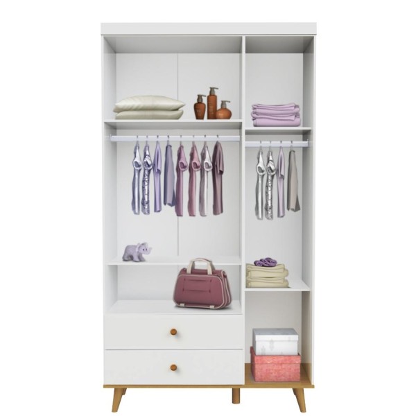 Encontraproduto.com.br - Quarto Infantil Retrô Guarda Roupa 3 Portas Lígia Cômoda 4 Gavetas com Fraldário Berço 3 em 1 Lígia Branco com Bétula Carolina Baby
