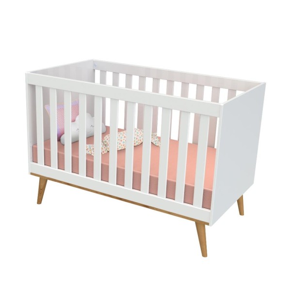 Encontraproduto.com.br - Quarto Infantil Retrô Guarda Roupa 3 Portas Lígia Cômoda 4 Gavetas com Fraldário Berço 3 em 1 Lígia Branco com Bétula Carolina Baby