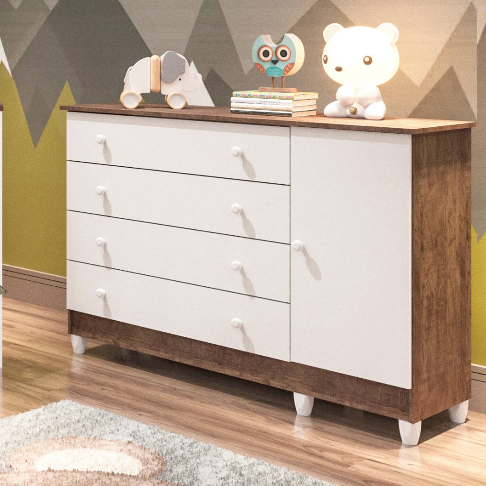 Cômoda Infantil 4 Gavetas com Porta Taís Amadeirado Carolina Baby