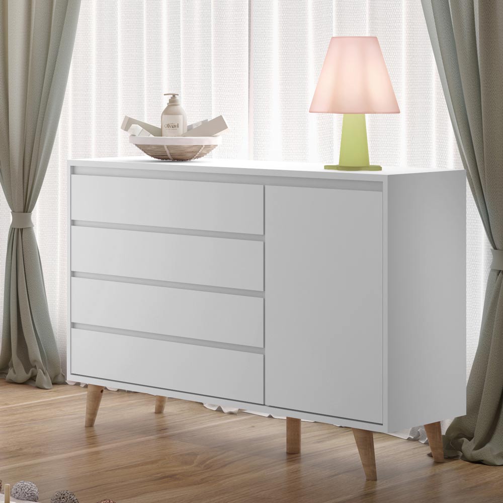 Encontraproduto.com.br - Quarto de Bebê Retrô Guarda Roupa 3 Portas Lorena Cômoda 4 Gavetas com Porta Berço Americano Lorena Branco Fosco Carolina Baby