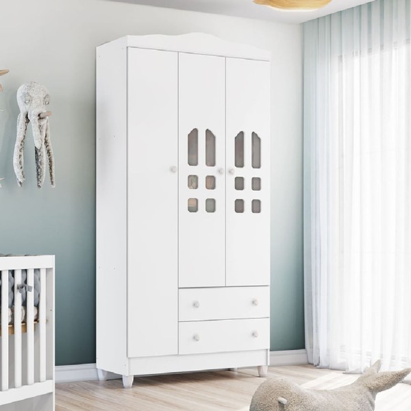 Encontraproduto.com.br - Guarda Roupa Infantil New Selena 3 Portas Branco Brilho - Carolina Móveis