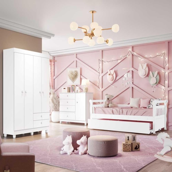 Encontraproduto.com.br - Quarto de Bebê Guarda Roupa Fabi 4 Portas com Gavetas Cômoda 3 Gavetas com Porta Fabi Cama Julia + Auxiliar Branco Carolina Baby
