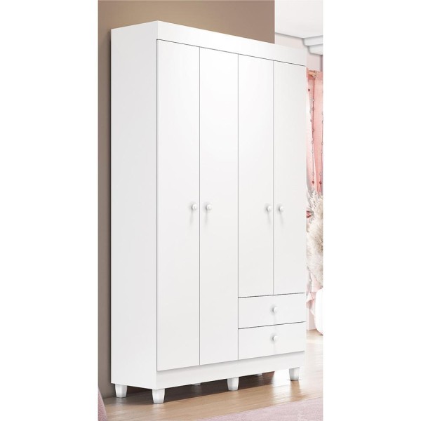 Encontraproduto.com.br - Quarto de Bebê Guarda Roupa Fabi 4 Portas com Gavetas Cômoda 3 Gavetas com Porta Fabi Cama Julia + Auxiliar Branco Carolina Baby